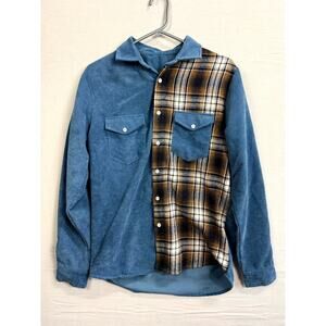 Mens Corduroy Shirt S Blue Brown Plaid Long Sleeve Polyester Classic Button-Up